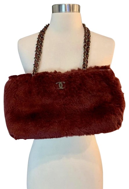 Chanel Timeless Cc Chain Tote Burgundy Rabbit Fur Shoulder Bag 