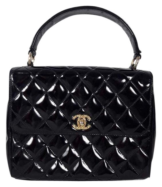 Chanel Top Handle Flap Quilted Ghw Black Patent Leather Shoulder Bag 