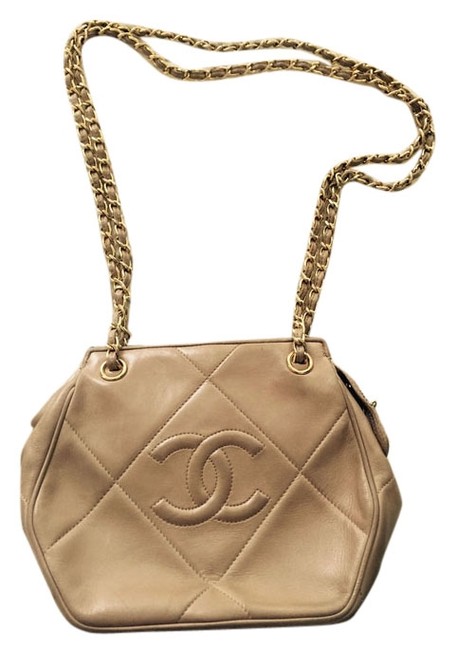 Chanel Tote Cc Logos Chain Vintage Beige Leather Shoulder Bag 