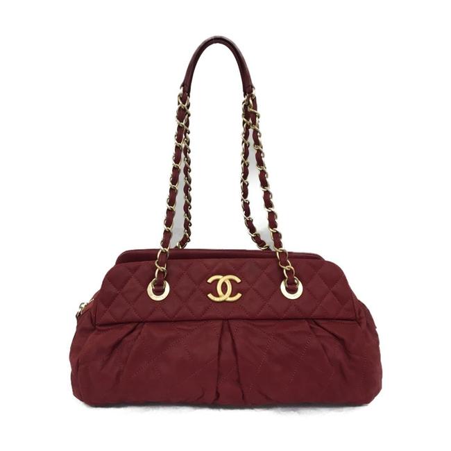 Chanel Tote Chain Antique Hardware Red Color Nylon Leather Shoulder Bag 