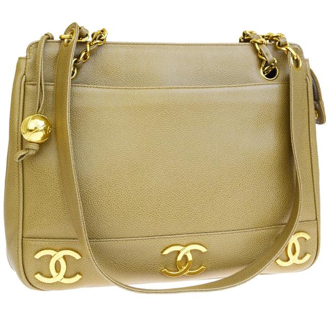 Chanel Triple Cc Chain Beige Caviar Skin Leather Shoulder Bag 