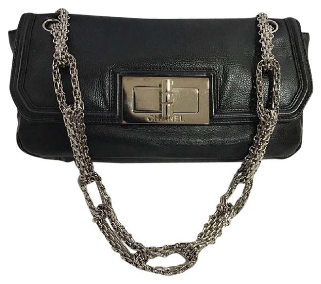 Chanel Turn Silver Hardware Black Leather Shoulder Bag 