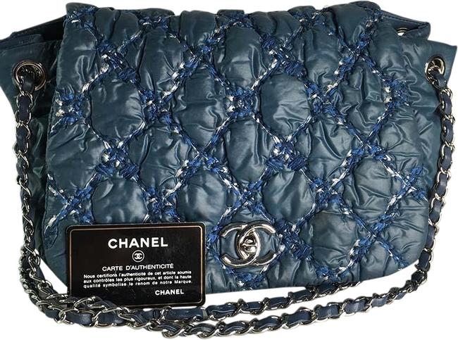 Chanel Tweet Flap Silver Hardware Chain Blue Nylon Shoulder Bag 