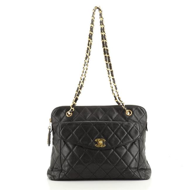 Chanel Vintage Front Pocket Quilted Caviar Large Black Leather Shoulder Bag 