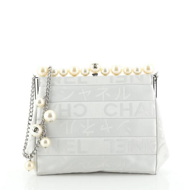 Chanel Vintage Ginza Pearl Frame Jacquard White Satin Shoulder Bag 