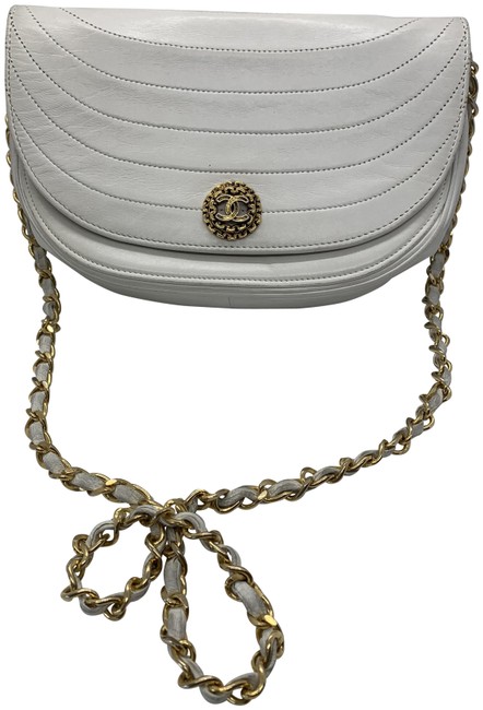 Chanel Vintage Half Moon Chain White Calfskin Leather Shoulder Bag 