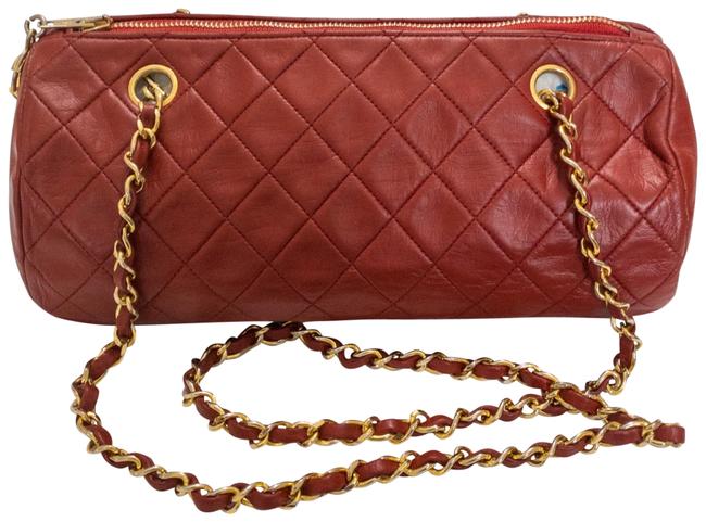 Chanel Vintage Quilted Cc Barrel 1989 Red Lambskin Leather Shoulder Bag 