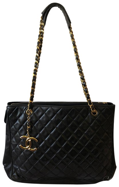 Chanel Vintage Quilted Chain Matelasse Black and Gold Leather Shoulder Bag 