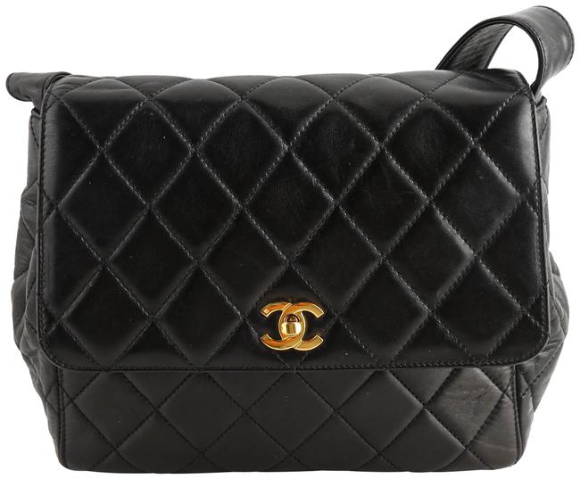 Chanel Vintage Quilted Turn Lock Black Lambskin Leather Shoulder Bag 