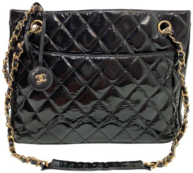 Chanel Vintage Tote Black Patent Leather Shoulder Bag 
