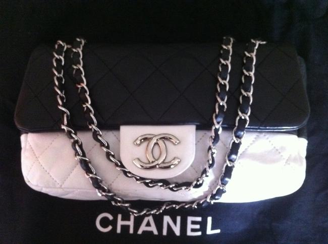 Chanel Vintage Two Tone Half Flap Black White Lambskin Shoulder Bag 