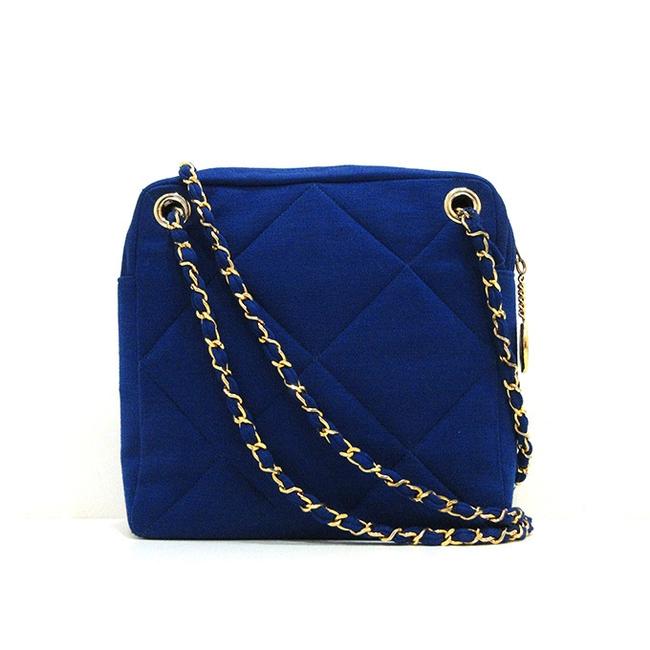 Chanel W Chain Matrasse Ladies Blue Cotton Canvas Shoulder Bag 