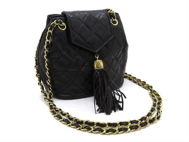 Chanel W Matrasse Fringe Charm Chain Lambskin 1st Black Leather Shoulder Bag 