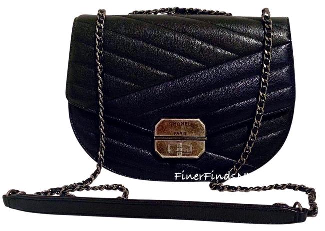 Chanel With Blue Stripe New Black Calfskin Leather Shoulder Bag 