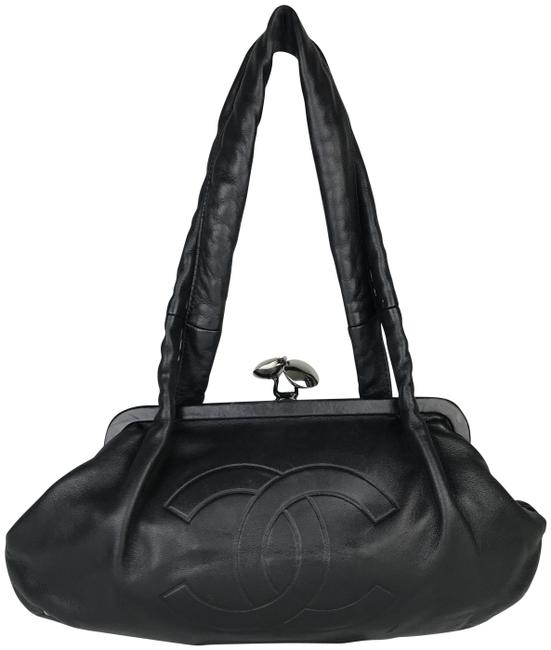 Chanel With Embossed Logo Black Lambskin Leather Shoulder Bag 