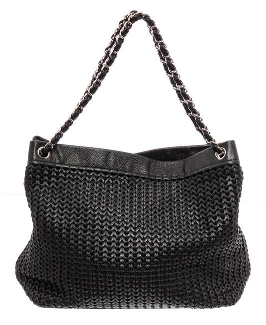 Chanel Woven Braided Cc Silver Chain Tote Black Surpique Leather Shoulder Bag 