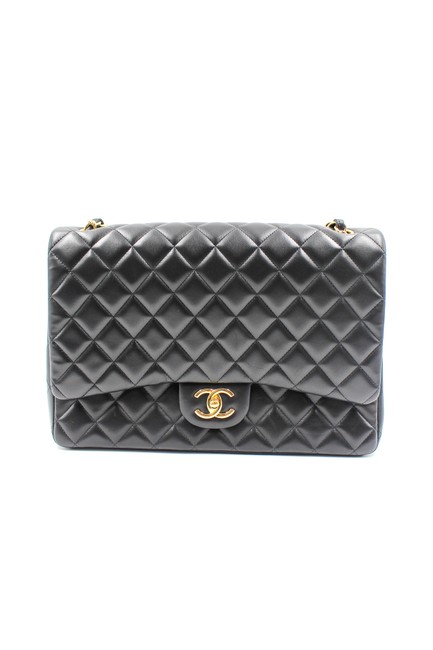 Chanel Double Flap Jumbo Black Lambskin Leather Shoulder Bag 