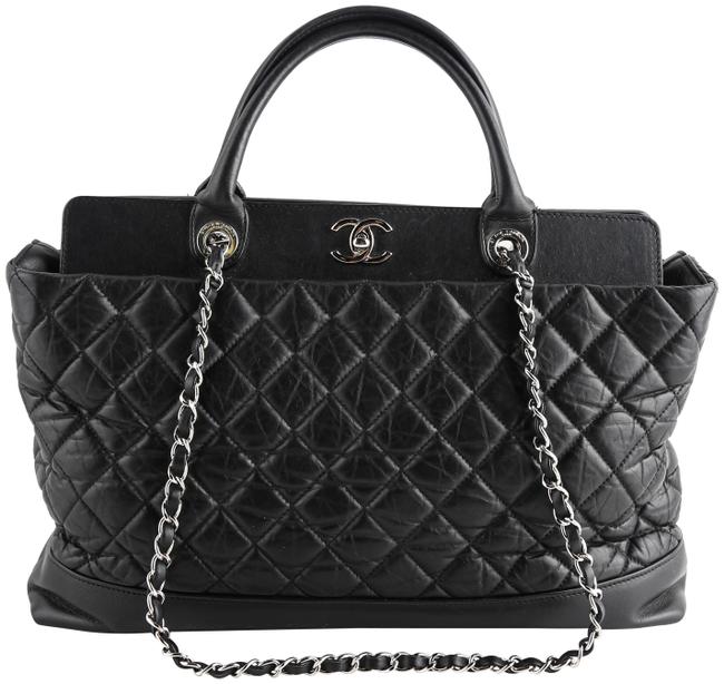 Chanel Aged Quilted Be Cc Double Handle Black Calfskin Leather Tote