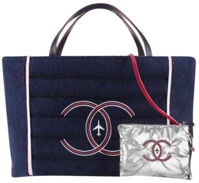 Chanel Reversible Airlines Navy Silver Blue Terry Cloth Tote