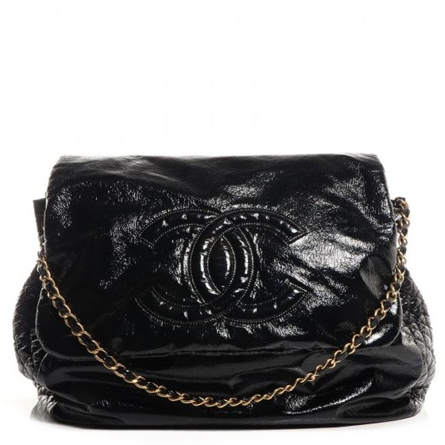 Chanel Chain Large Flap Top Handbag Black Patent Leather Tote