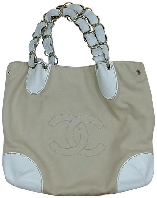 Chanel Bag Beige and White Canvas Leather Tote