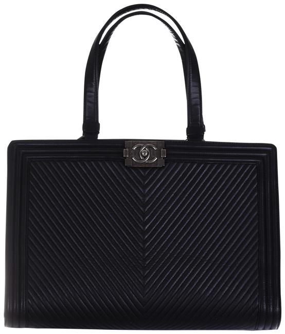 Chanel Boy Chevron Quilted Purse Black Leather Tote