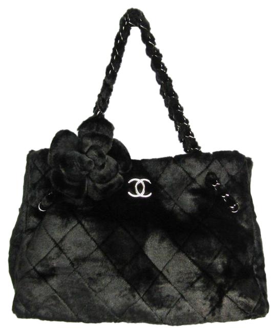 Chanel Bag Chain with Camellia Womens Black Faux Fur  Leather Tote