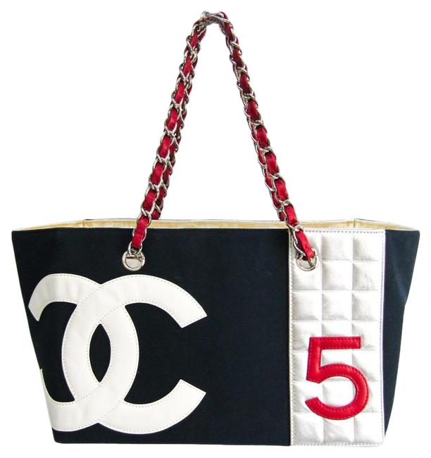 Chanel Bag Chain Womens Navy  Red Color  Silver  White Leather  Canvas Tote