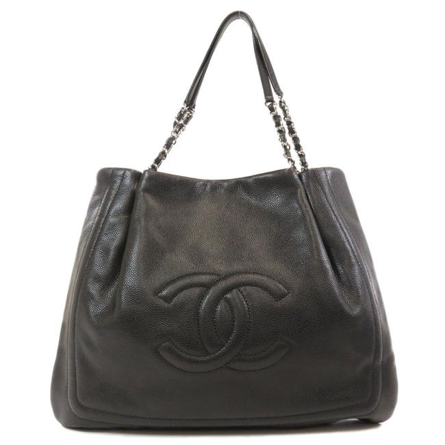 Chanel Bag Coco Mark Silver Chain Skin Womens Black Caviar Leather Tote