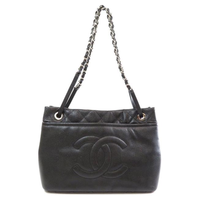 Chanel Bag Coco Mark Silver Hardware Caviar Skin Womens Black Tote