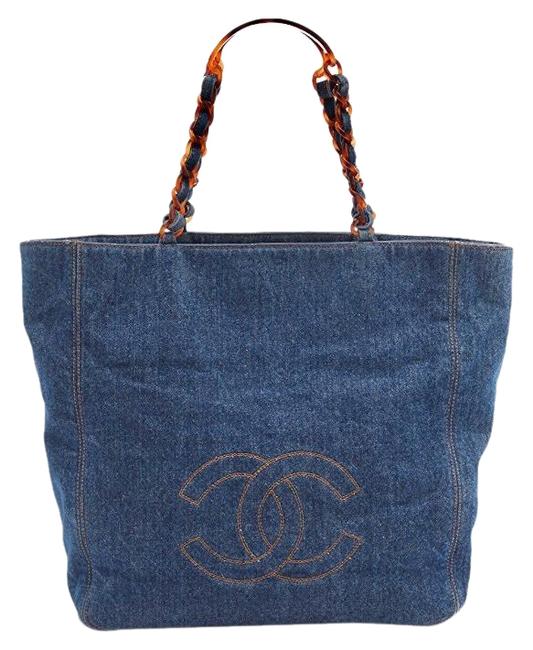 Chanel Bag Denium Cc Logo Large Blue Tote