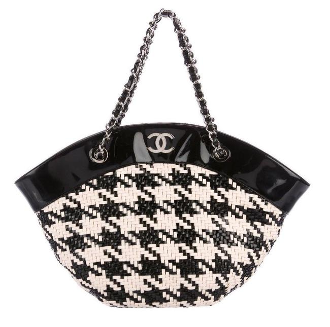 Chanel Bag Houndstooth Patent Cc Purse Rare Black Cream Leather Tote