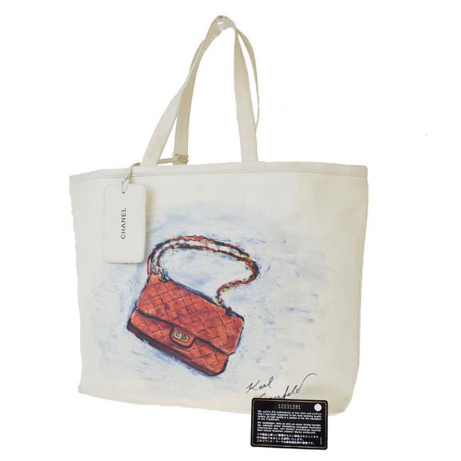 Chanel Bag Logo Shoulder Italy White Coating Canvas Leather Tote