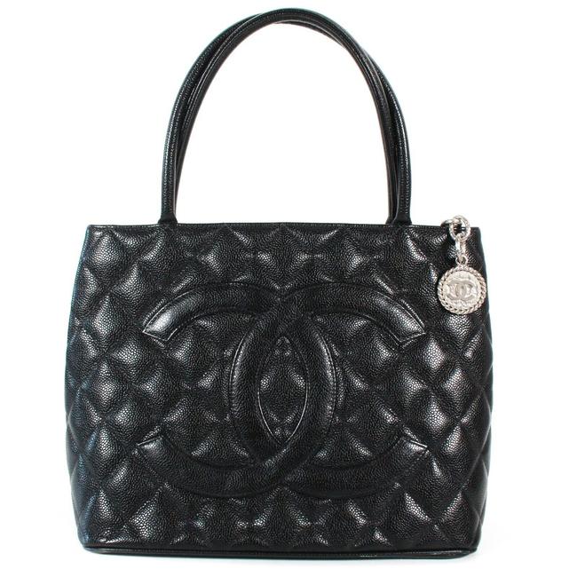 Chanel Bag Medallion Caviar Silver Cc Coin Charm Black Leather Tote