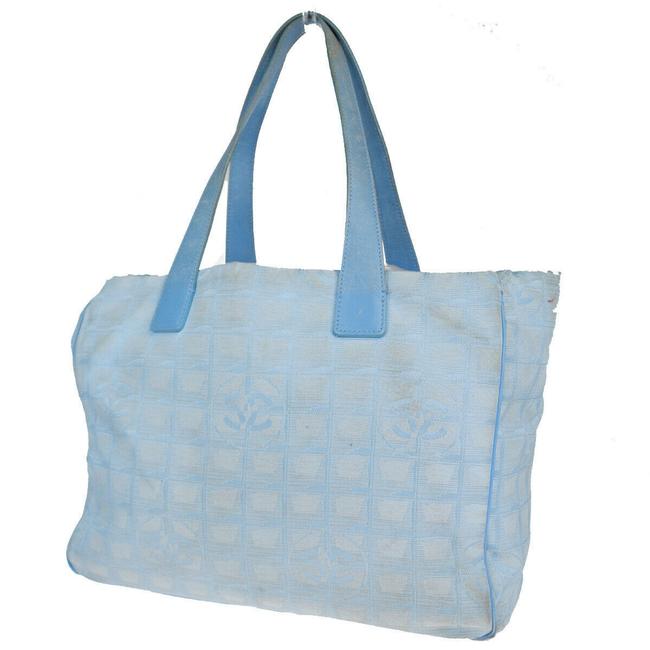 Chanel Bag New Travel Line Mm Cc Logo Light Blue Jacquard Leather Tote