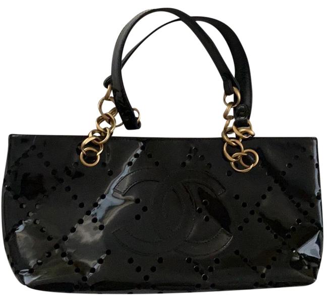 Chanel Bag Perforated Black Cc Gold Handbag S Patent Leather Tote