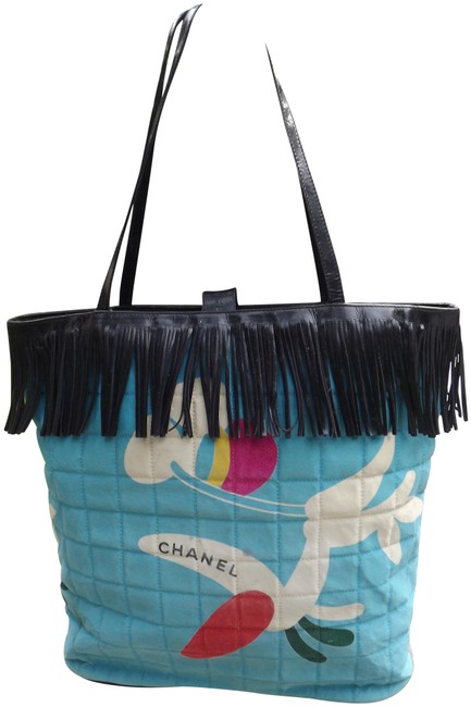 Chanel Bag Quilted Fabric &amp; Patent Fringe Black Canvas Tote