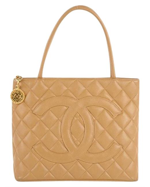 Chanel Bag Quilted Medallion Beige Caviar Leather Tote