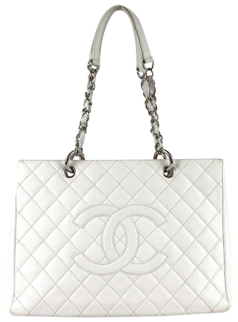Chanel Bag Shopping Quilted Gst Grand White Caviar Leather Tote