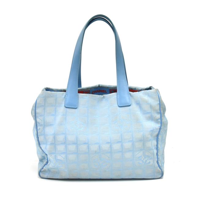 Chanel Bag Travel Line Jacquard Medium Light Blue Nylon Tote
