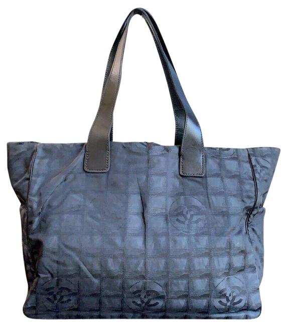 Chanel Bag Travel Line Jacquard Mm Black Nylon Leather Tote