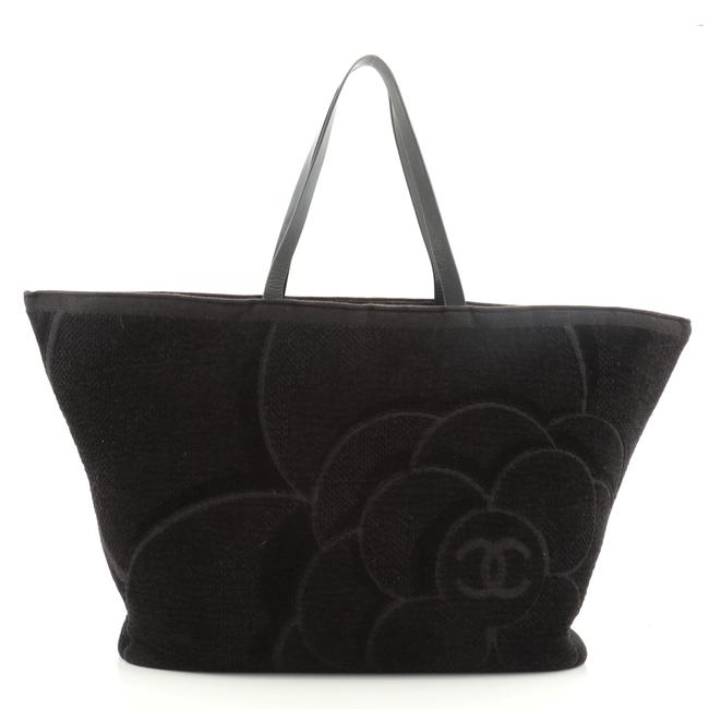 Chanel Beach Camellia Terry Cloth Large Black Textile Tote