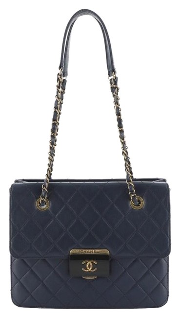 Chanel Beauty Lock Quilted Sheepskin Small Blue Leather Tote