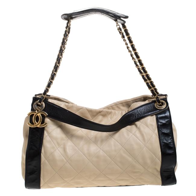Chanel BeigeBlack Chain BeigeBlack Quilted Leather Tote