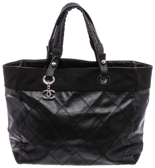 Chanel Biarritz Bag Large Paris biarritz Black Quilted Coated Canvas Tote