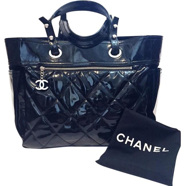 Chanel Biarritz Large Paris Black Patent Leather Tote