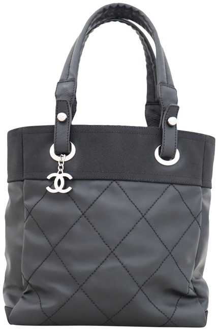 Chanel Biarritz Paris Black Coated Canvas Tote