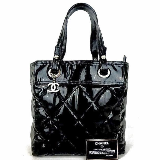 Chanel Biarritz Paris Black Patent Leather Tote