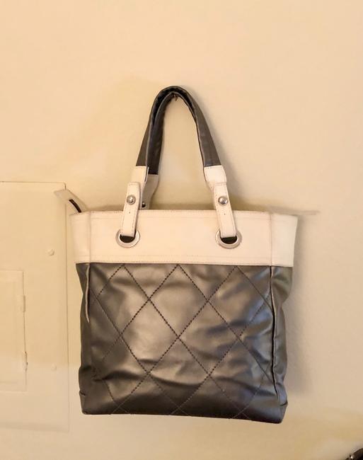 Chanel Biarritz Paris Cc Logos Shoulder White Black  Gray Canvas Leather Tote
