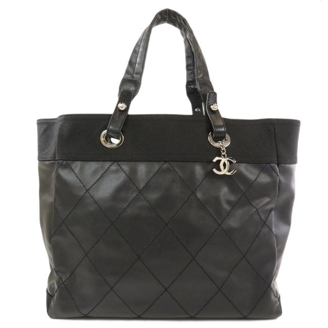 Chanel Biarritz Paris Mm Calf Ladies Black Canvas Tote